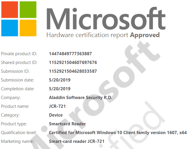 Сертификаты Microsoft Windows 10 Client для платформ x64 и х86 Считыватель смарт-карт JCR721