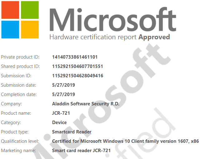 Сертификаты Microsoft Windows 10 Client для платформ x64 и х86 Считыватель смарт-карт JCR721